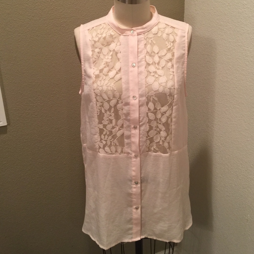 Pale pink sheer panel no sleeve button down blouse